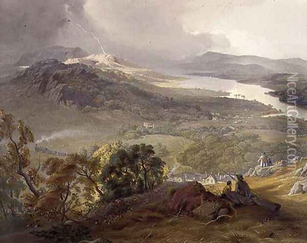 Lake Windermere, detail of the Lakeside Railway, from The English Lake District, 1853 Oil Painting - James Baker Pyne