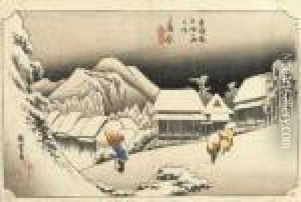 Kambara Yoru No Uki (night Snow,
 Kambara), From The Series Tokaidogojusantsugi No Uchi (the Fifty-three 
Stations Of Thetokaido) Oil Painting - Utagawa or Ando Hiroshige