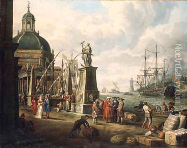 A capriccio of a Mediterranean harbour Oil Painting - Adriaen Verdoel