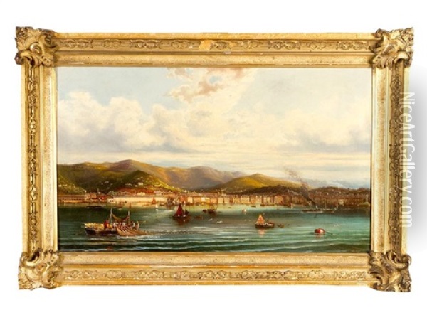 View Of Triest With The Harbour, Mountains And A Steam Boat And Other Ships And Boats Oil Painting - Albert Rieger