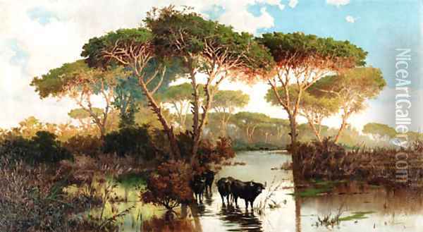 Cattle in the Pontine Marshes Oil Painting - Pietro Barucci
