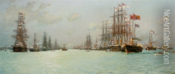 The Royal Review Of The Fleet Oil Painting - Edoardo de Martino