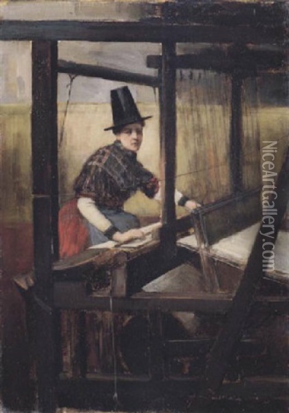 The Weaver - A Welsh Girl At A Loom Oil Painting - John Lavery