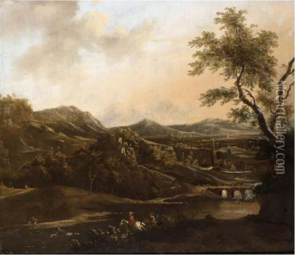 A Stag Hunt In A River Landscape With A View Of A City Beyond Oil Painting - Frederick De Moucheron