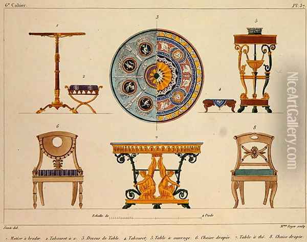 Furniture designs, engraved by Mme Soyer, plate 37 from Modeles de Meubles et de decorations interieures pur les meubles, published 1828-41 Oil Painting - M. Santi