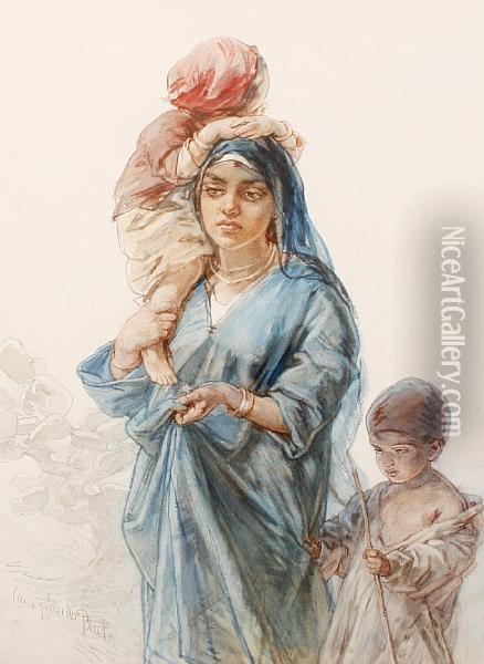 An Egyptian Mother And Her Children Oil Painting - Guido Bach