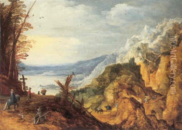 A Rocky Landscape With Travellers, A Lake And A Castle Beyond Oil Painting - Joos de Momper the Younger