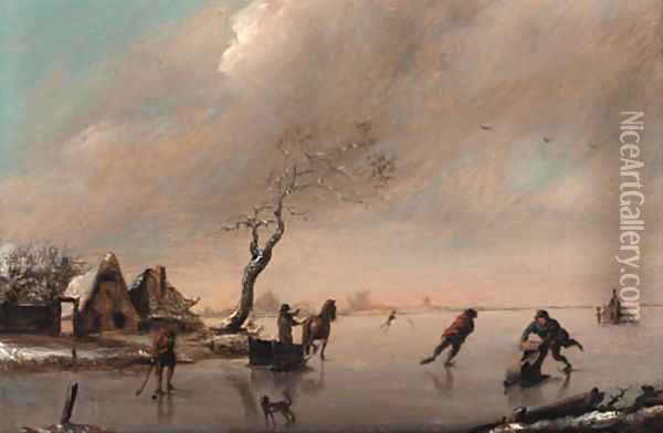 Figures on a frozen lake Oil Painting - Claes Molenaar (see Molenaer)