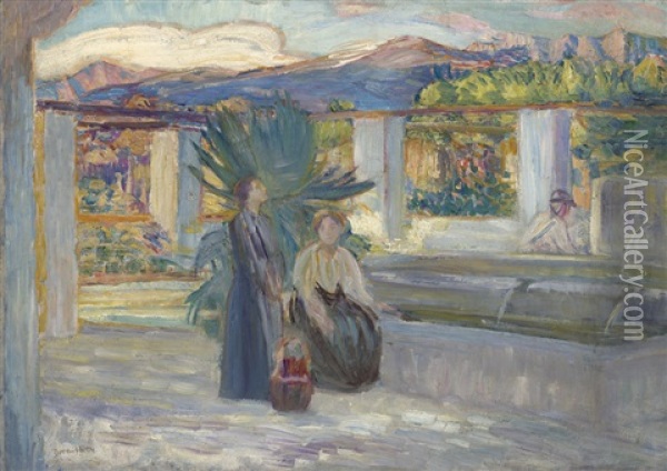 Zwei Frauen Am Brunnen Oil Painting - Dora Hitz