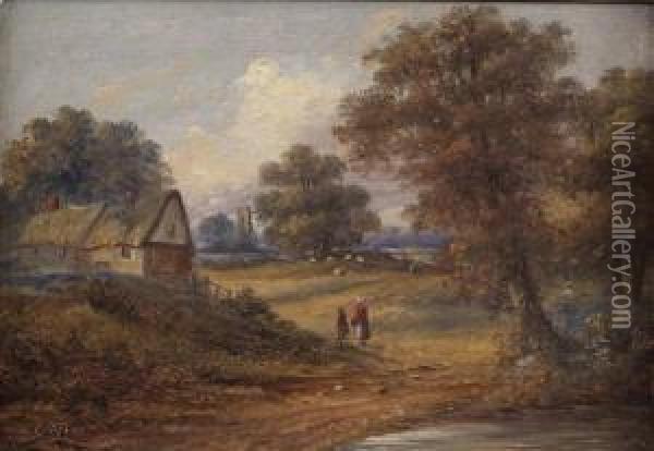 A Rural Scenewith Figures By A Cottage Oil Painting - Christopher Mark Maskell