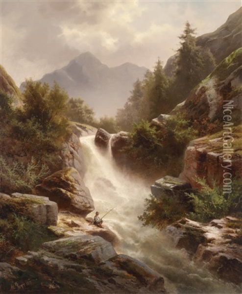 Angler Am Wasserfall Oil Painting - Albert Rieger