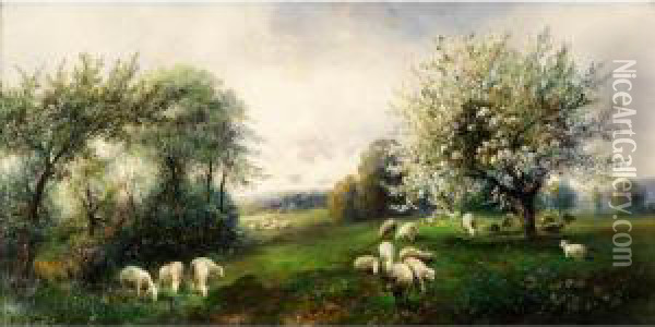 Schafe Vor Bluhenden Baumen In Weiter Landschaft Oil Painting - Emil Barbarini