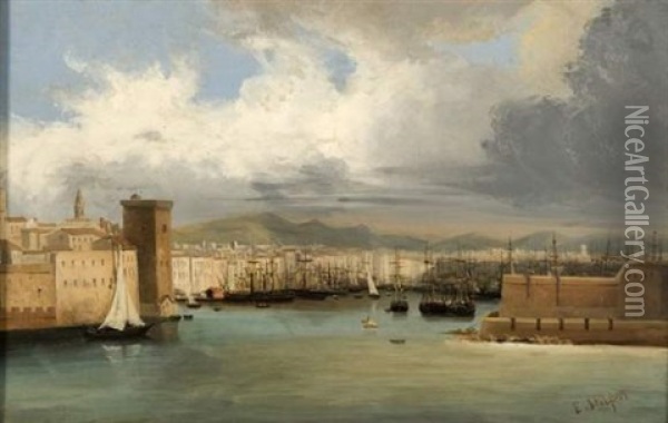 L'entree Du Port De Marseille, Vue Prise Des Jardins Du Pharo Oil Painting - Edouard-Jacques Dufeu