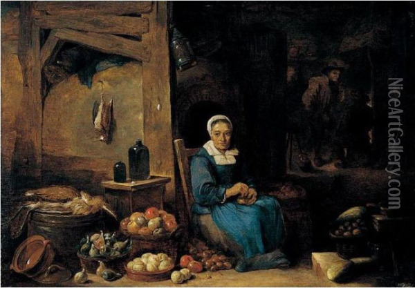 A Kitchen Interior With A Woman Peeling Onions Oil Painting - David The Younger Teniers