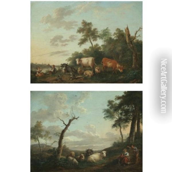 A Landscape With Peasants And Their Herd Resting Near A River (+ A Landscape With Shepherds And A Child Resting Together With Their Herd; Pair) Oil Painting - Franciscus Xavery