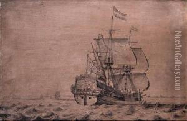 The Man-of-war Frisia/klein Frisia Under Sail Seen From The Stern -a Penschilderij Oil Painting - Wigerius Vitringa