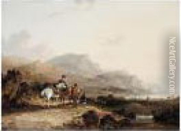 A Rocky Coastal Landscape With Travellers On A Path Oil Painting - Snr William Shayer