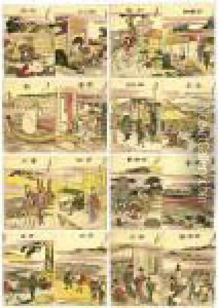 A Complete Set Of The 
````tokaido Gojusan-tsugi' (the Fifty-three Stations Of The Tokaido 
Road) Oil Painting - Katsushika Hokusai