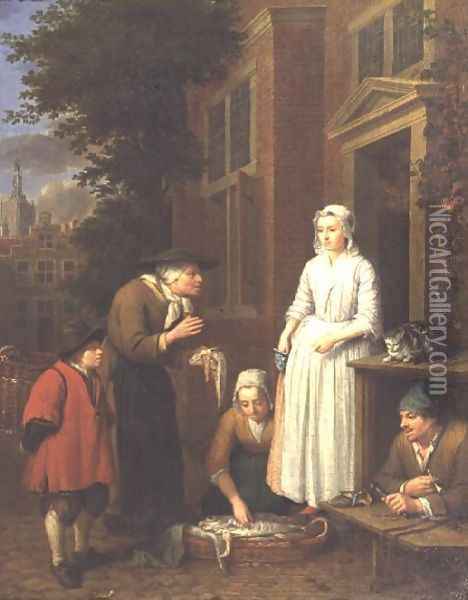 Fishmongers and a cobbler outside a town house Oil Painting - Peter Jacob Horemans