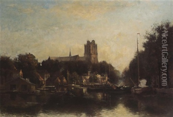 A View Of The Kleine Haven In Dordrecht Oil Painting - Fredericus Jacobus Van Rossum Du Chattel