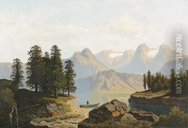 Sommerliche Seeuferpartie. Oil Painting - Wilhelm Theodor Nocken