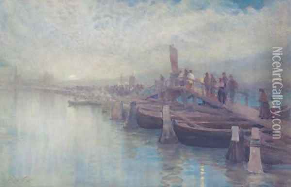 A moonlight procession over a bridge, Venice Oil Painting - Alexander Wallace Rimington