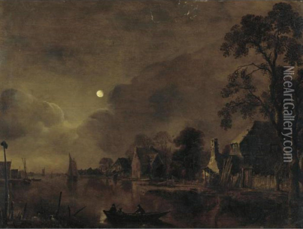 A Moonlit Landscape With Two Men On A Raft In The Foreground Oil Painting - Aert van der Neer