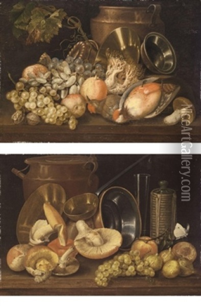 A Still Life With Fruit, Kitchen Pots And Two Birds (+ A Still Life With Fruit, Kitchen Pots, Mushrooms And A Butterfly; Pair) Oil Painting - Carlo Magini