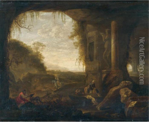 A Landscape With Classical Ruins And Figures Drinking From A Fountain Oil Painting - Abraham van Cuylenborch