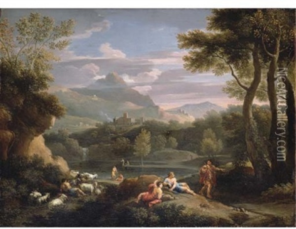 An Italianate Mountainous Landscape With Herdsmen Resting By A Path And A Man And A Woman By A River Oil Painting - Jan Frans van Bloemen
