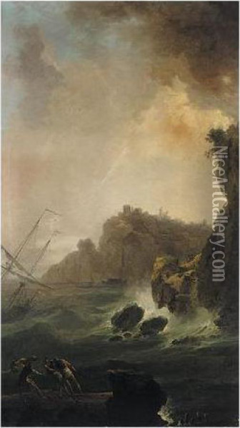 Stormy Coastal Landscape With Fishermen In The Foreground Oil Painting - Claude-joseph Vernet