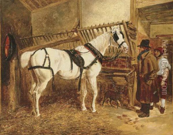 St. Giles, A Grey Coach Horse In A Stable With Grooms Oil Painting - John Frederick Herring Snr