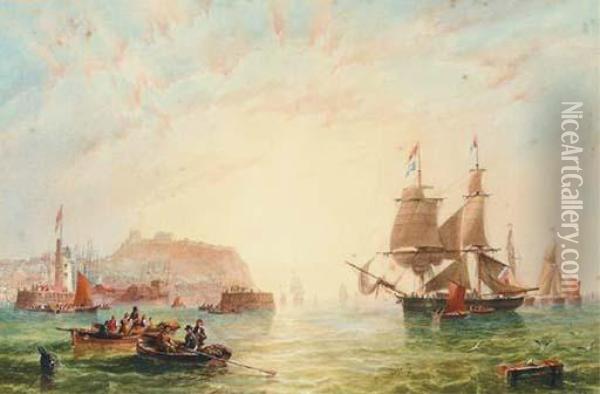 A Trading Brig And Other Vessels Off The Entrance Toscarborough Oil Painting - John Wilson Carmichael