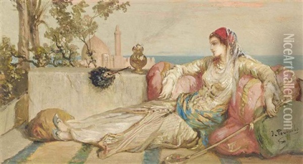 An Odalisque On The Terrace At Dusk Oil Painting - Jean-Francois Portaels