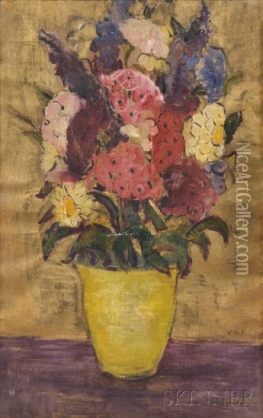 Floral Still Life With Laurel, Foxglove, And Daisies Oil Painting - Dorothea M. Litzinger