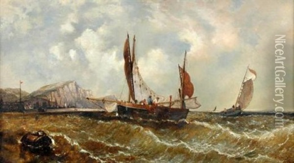 Fishing Boats Off The White Cliffs Of Dover Oil Painting - James E. Meadows