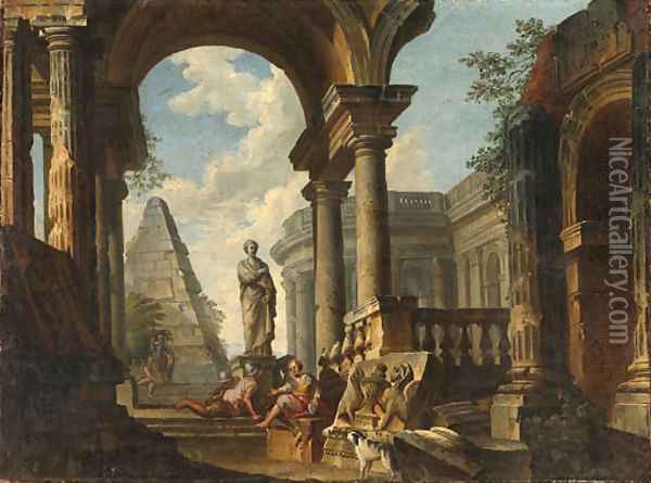 A Capriccio of Roman Ruins with Soldiers resting in the foreground Oil Painting - Giovanni Paolo Panini