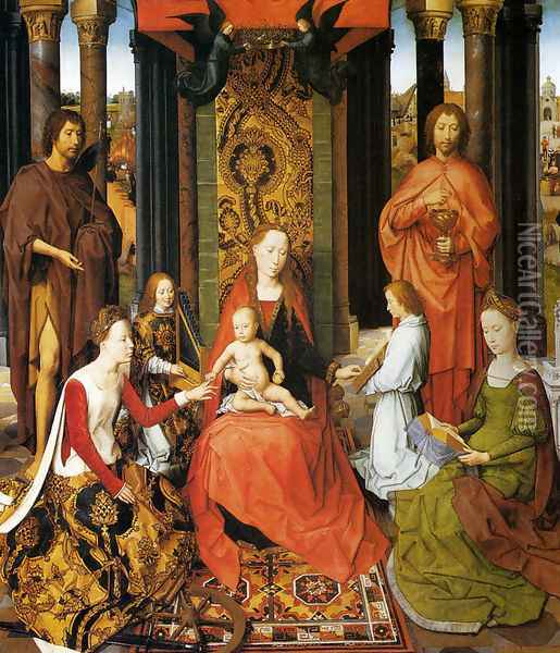The Mystic Marriage Of St. Catherine Of Alexandria (central panel of the San Giovanni Polyptch) Oil Painting - Hans Memling
