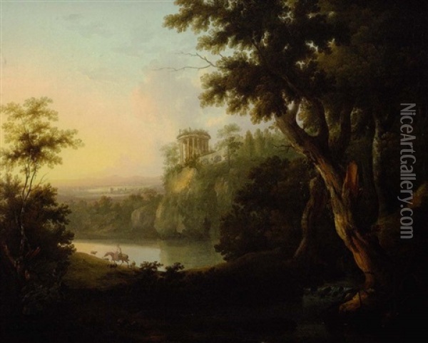 View Of Lake Avernus With Shepherdess On Horseback And Classical Ruins Beyond Oil Painting - Robert Freebairn