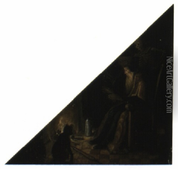 Old Man By Fireplace Flanked By Figure Of Death Oil Painting - Adriaen van Nieulandt the Elder