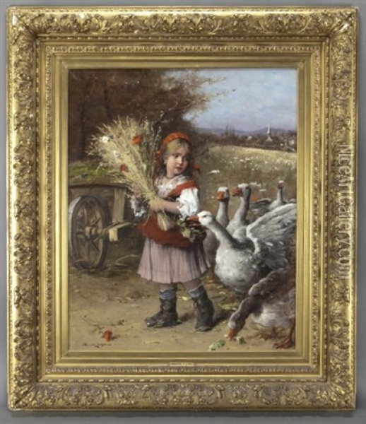 Village Girl With Geese Oil Painting - Lajos Bruck