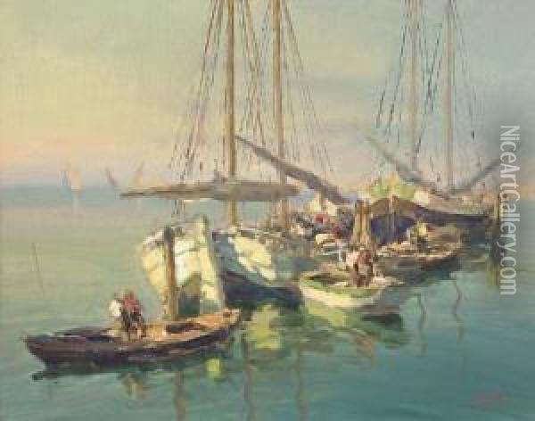 A Calm Day In The Harbour Oil Painting - Luigi Pagani