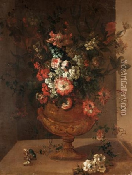 Still Life With Various Flowers In A Bronze Urn On A Stone Ledge Oil Painting - Pieter Casteels III