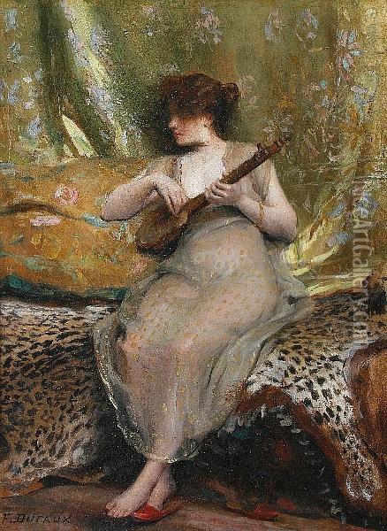A Woman With A Sitar Seated On A Leopard Skin Oil Painting - Frederic Dufaux