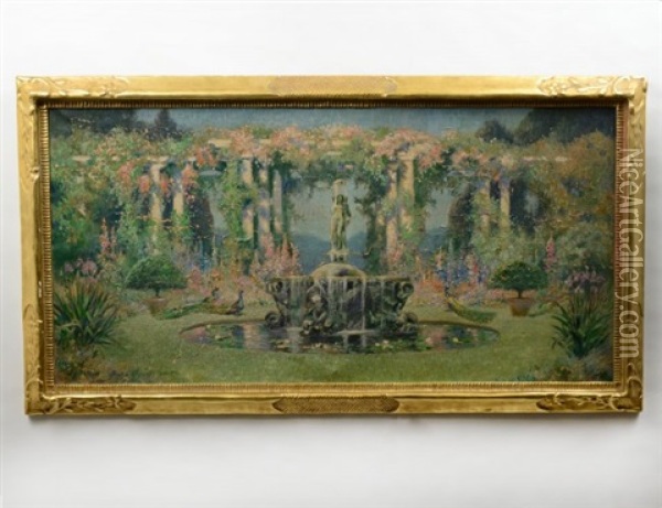 Sylvan Landscape With Fountain And Peacocks Oil Painting - Edmund Henry Garrett