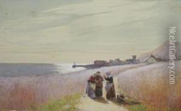 The Gossips, In A Coastal Cornfield Oil Painting - John White