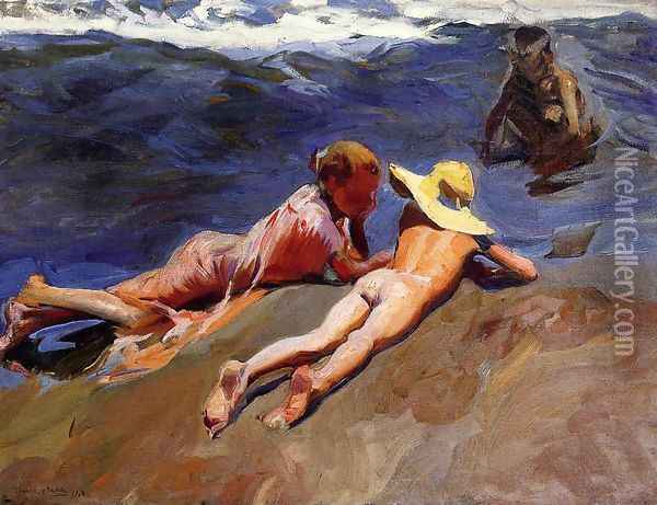 On the Sand, Valencia Beach Oil Painting - Joaquin Sorolla Y Bastida