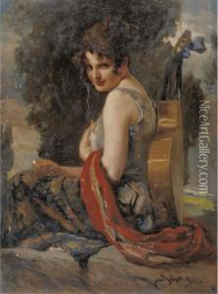 A Gypsy Girl With Her Guitar Oil Painting - Leopold Schmutzler