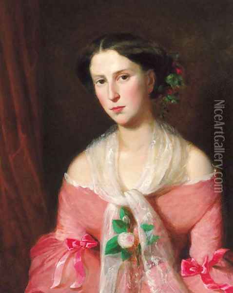 Portrait of a young lady, three-quarter-length, in a pink dress and a lace shawl Oil Painting - Rudolf Koller