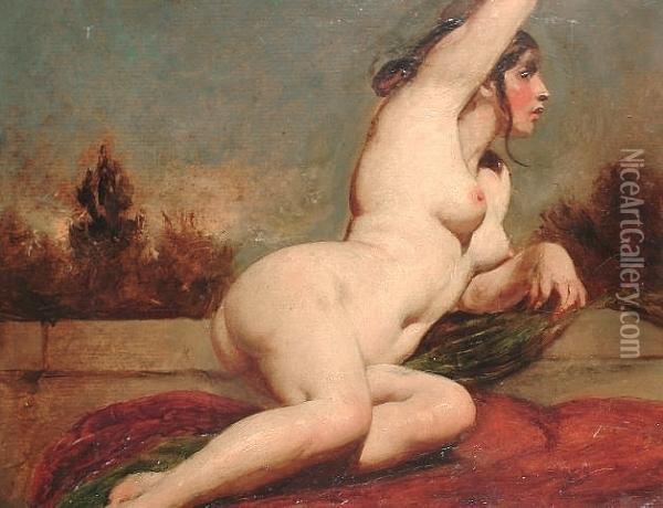 Reclining Female Nude With Landscape Beyond Oil Painting - William Etty
